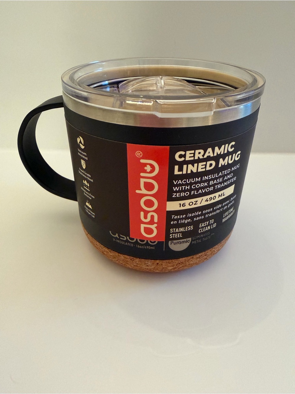 Asobu Puramic Ceramic Lined Vacuum Insulated Mug 16 oz Black Cork Base